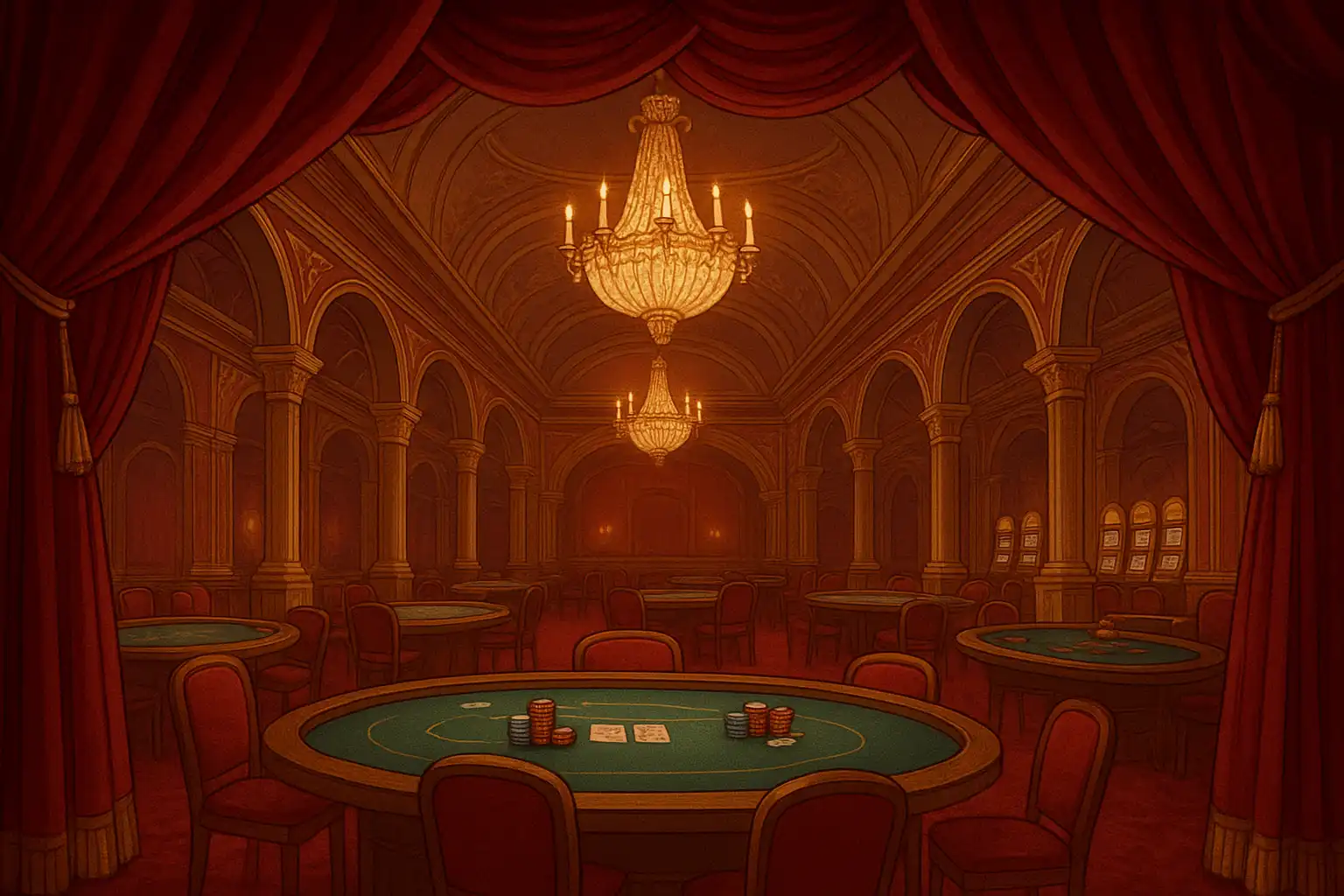Elegant theatrical casino hall with red velvet curtains and gold chandeliers