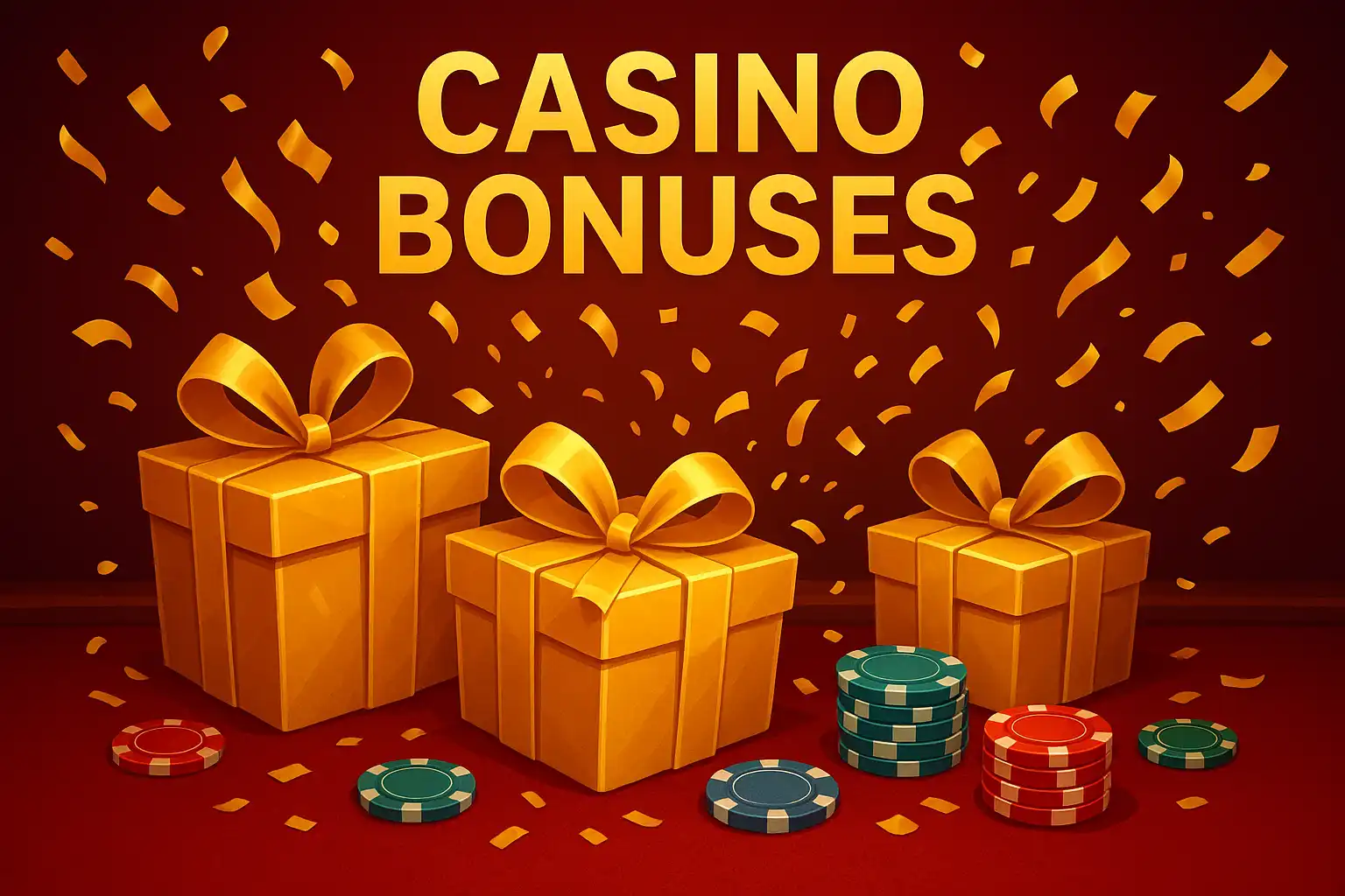 Golden gift boxes and confetti over a red velvet casino table with chips