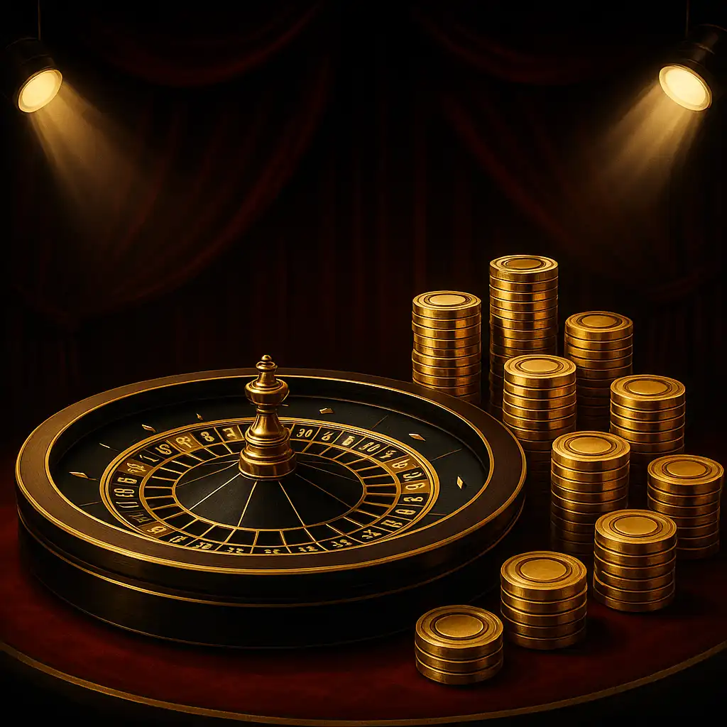 Glamorous JokerEnVivo casino table with gold chips and velvet curtains